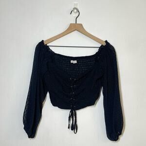 Aeropostale Crop Top Women's Size L Black Swiss Dot Lace-Up Off The Shoulder